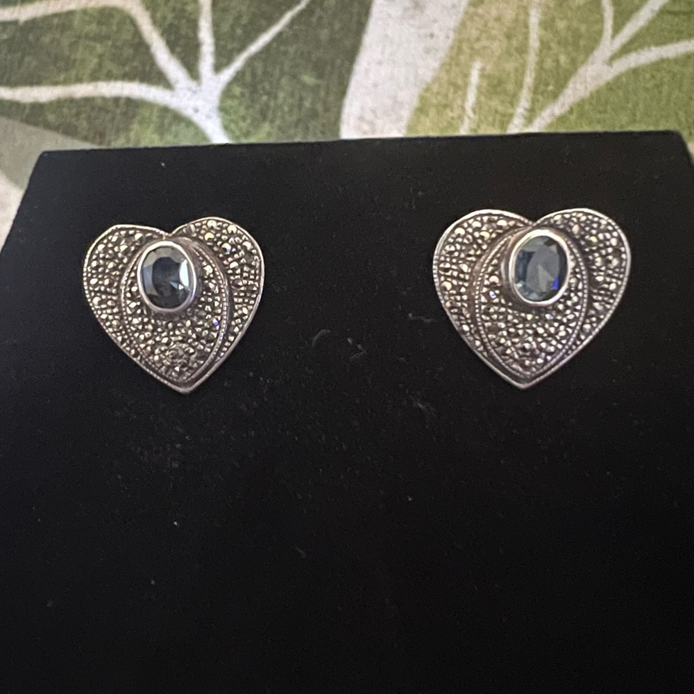 Sterling Silver Marcasite Heart Earrings with Blue Topaz Gemstone